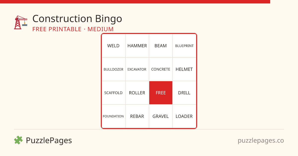 Construction Medium printable bingo preview — free to print from PuzzlePages