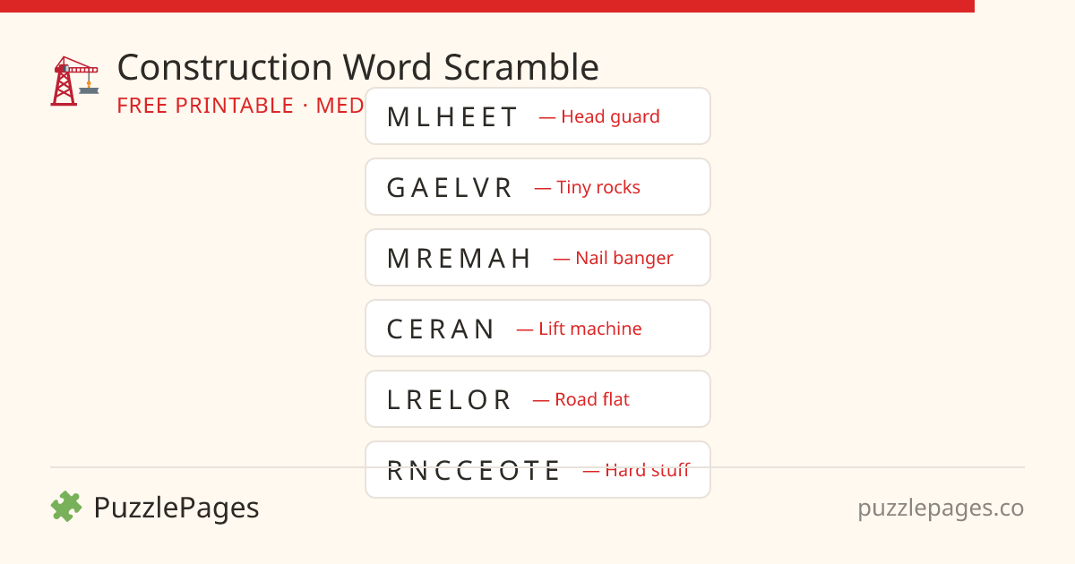Construction Medium printable word scramble preview — free to print from PuzzlePages