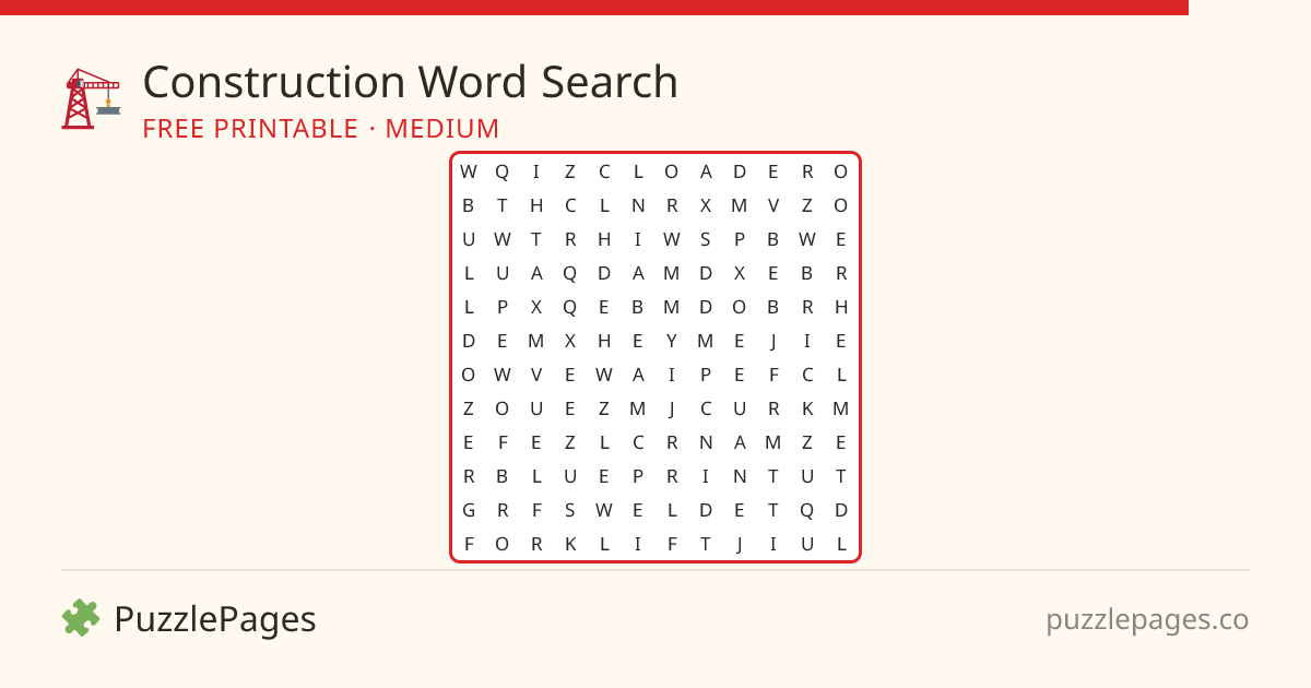 Construction Medium printable word search preview — free to print from PuzzlePages
