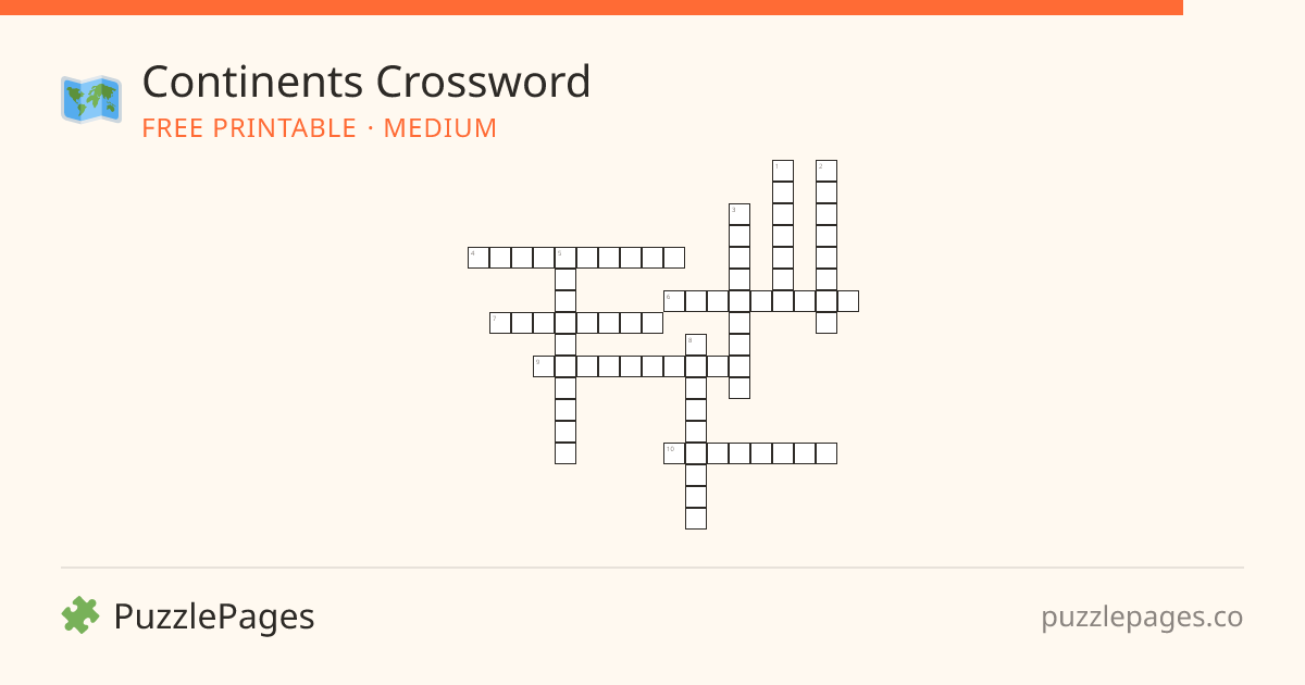 Continents Medium printable crossword preview — free to print from PuzzlePages