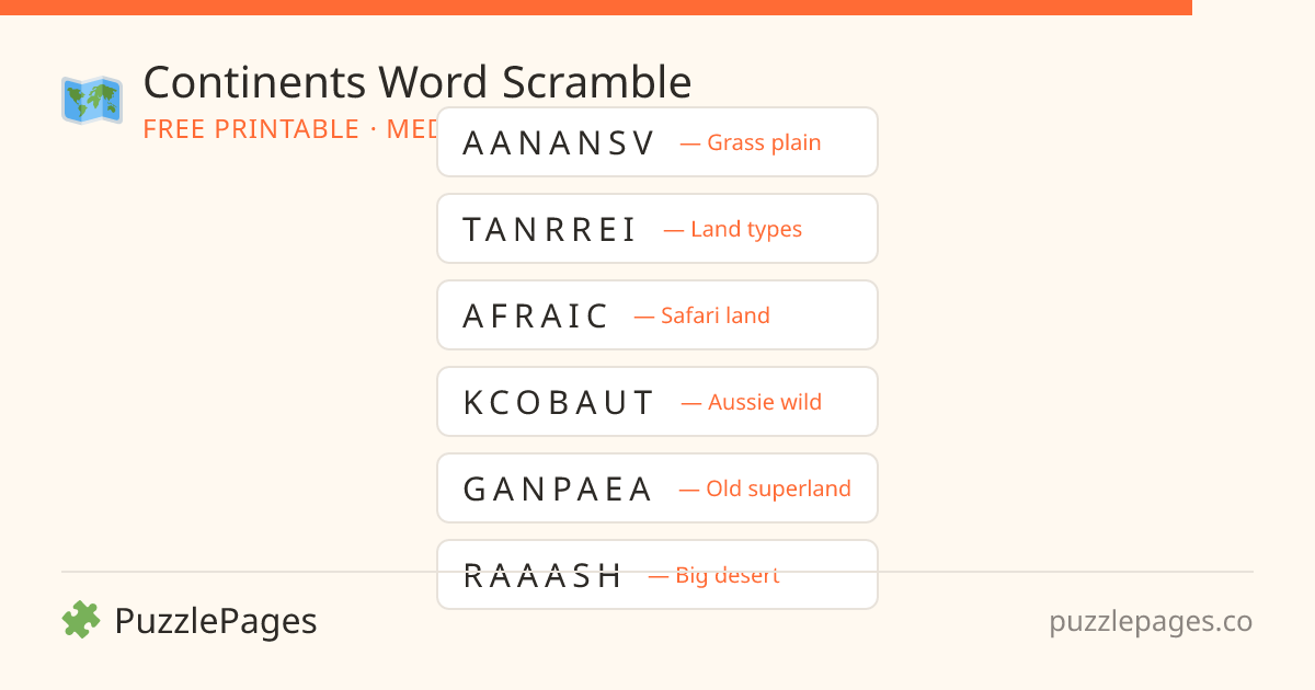 Continents Medium printable word scramble preview — free to print from PuzzlePages
