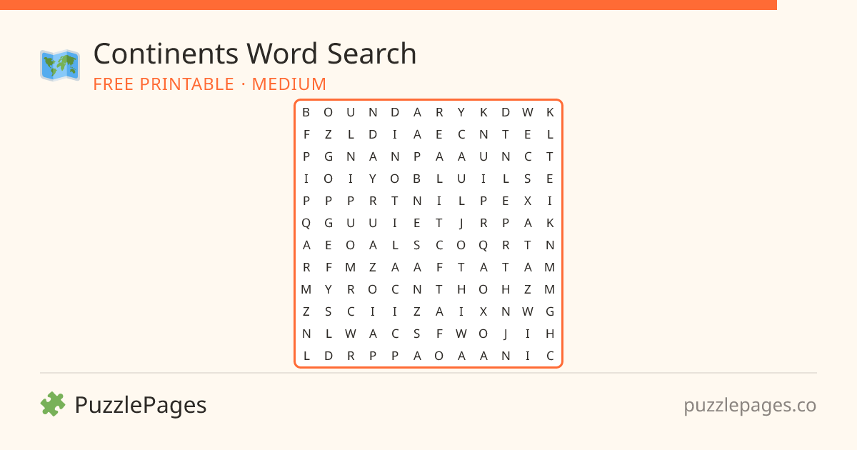 Continents Medium printable word search preview — free to print from PuzzlePages