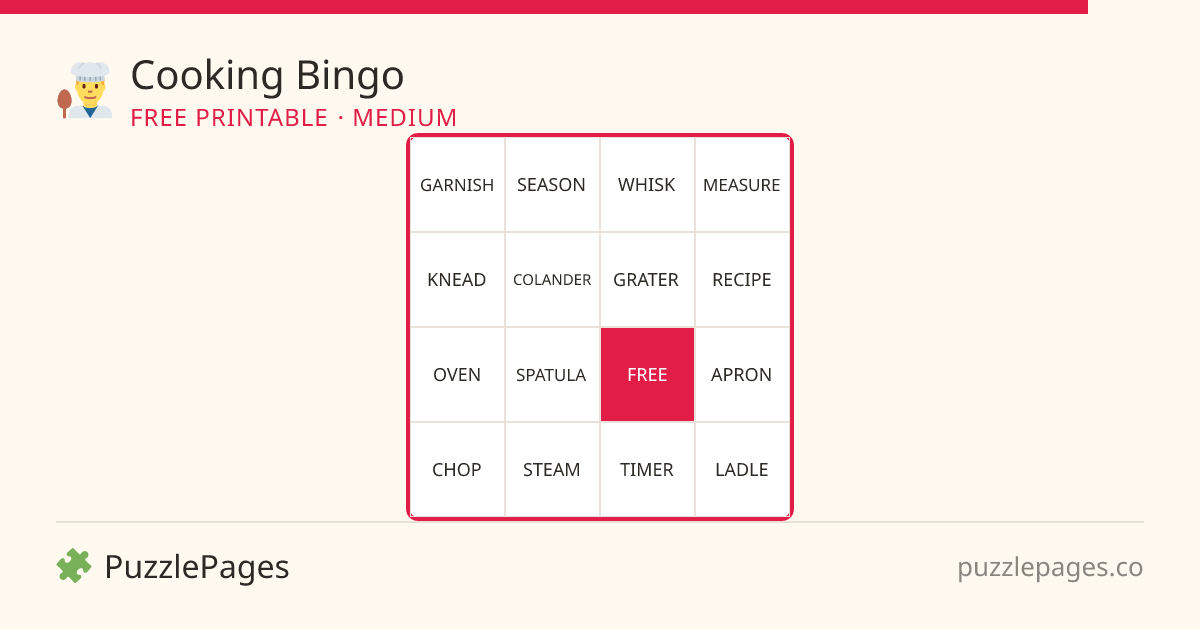 Cooking Medium printable bingo preview — free to print from PuzzlePages