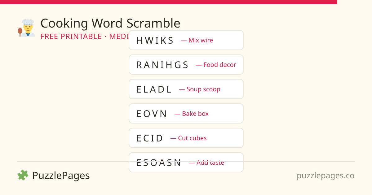 Cooking Medium printable word scramble preview — free to print from PuzzlePages