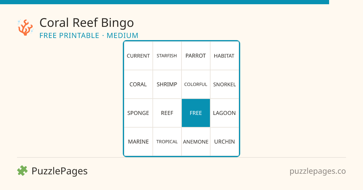 Coral Reef Medium printable bingo preview — free to print from PuzzlePages