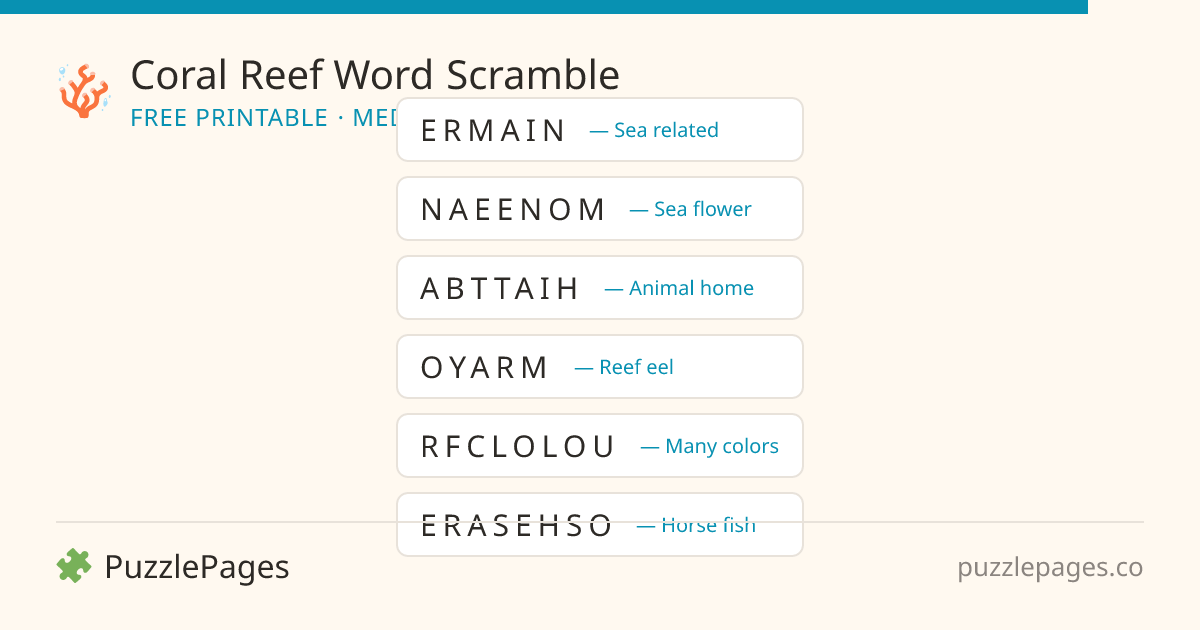Coral Reef Medium printable word scramble preview — free to print from PuzzlePages