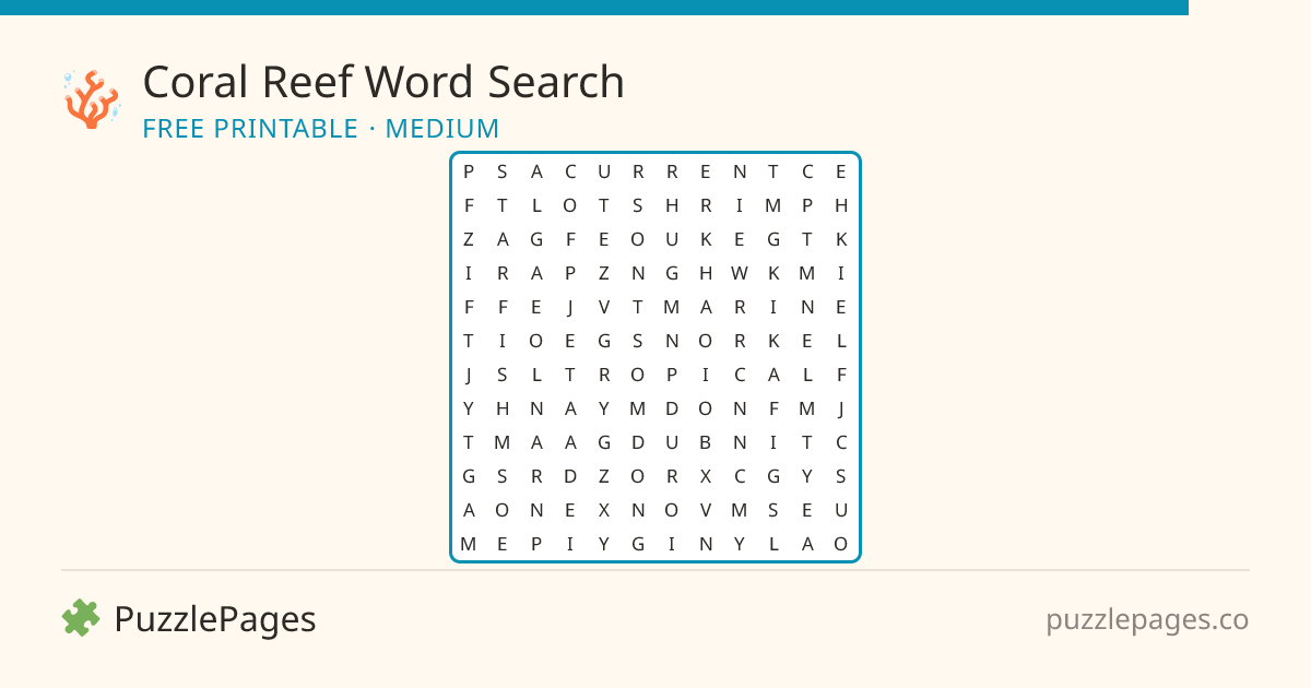 Coral Reef Medium printable word search preview — free to print from PuzzlePages