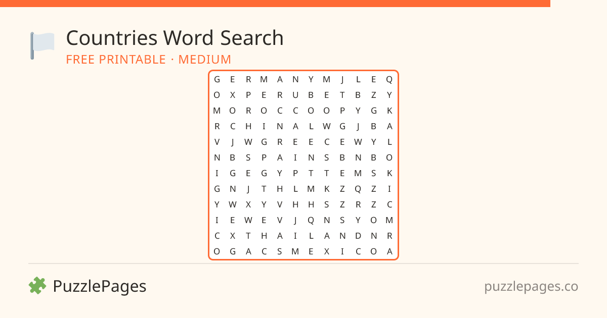 Countries Medium printable word search preview — free to print from PuzzlePages
