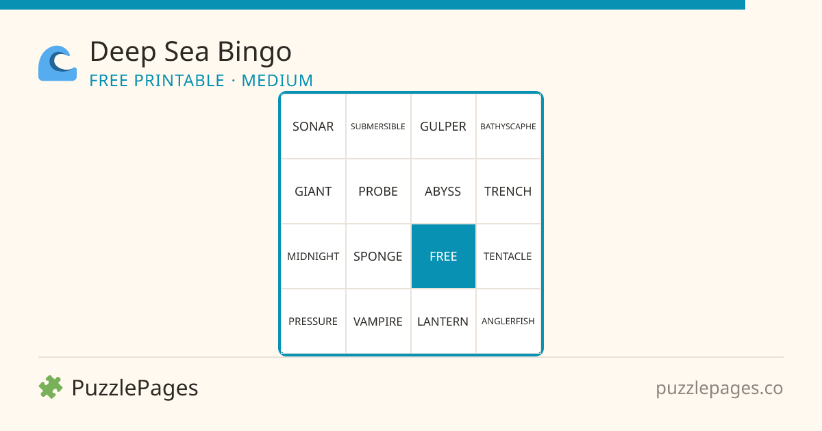 Deep Sea Medium printable bingo preview — free to print from PuzzlePages