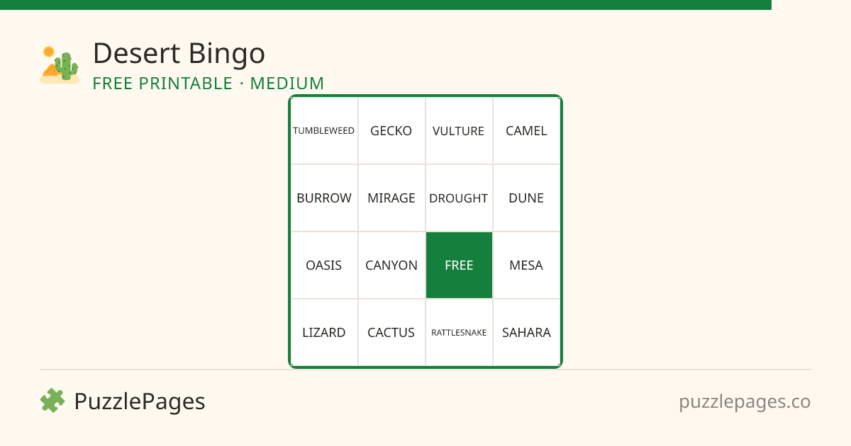 Desert Medium printable bingo preview — free to print from PuzzlePages
