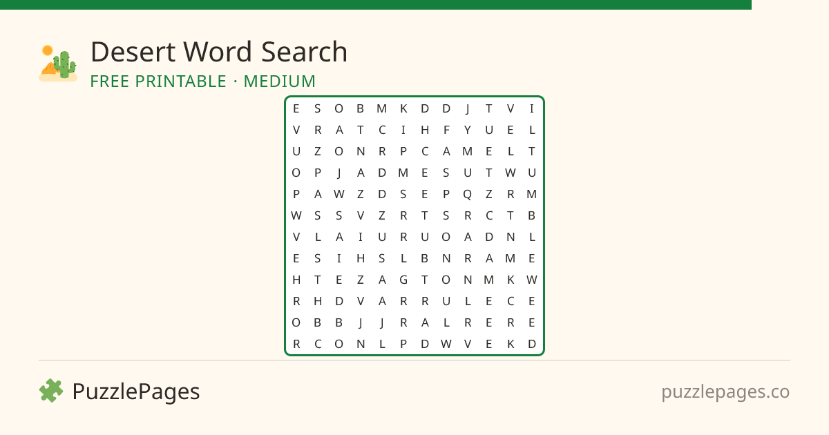 Desert Medium printable word search preview — free to print from PuzzlePages