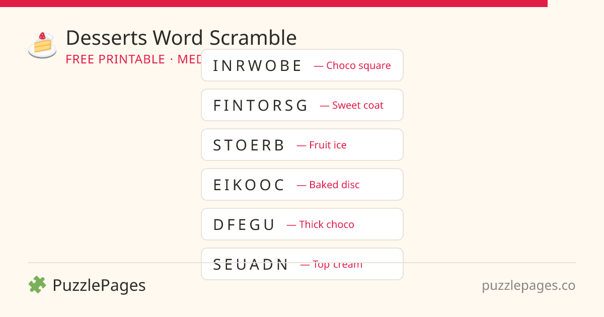 Desserts Medium printable word scramble preview — free to print from PuzzlePages