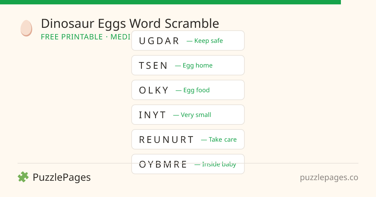 Dinosaur Eggs Medium printable word scramble preview — free to print from PuzzlePages