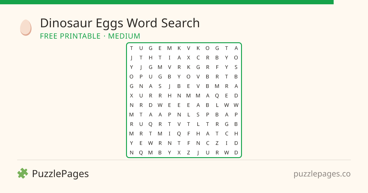 Dinosaur Eggs Medium printable word search preview — free to print from PuzzlePages
