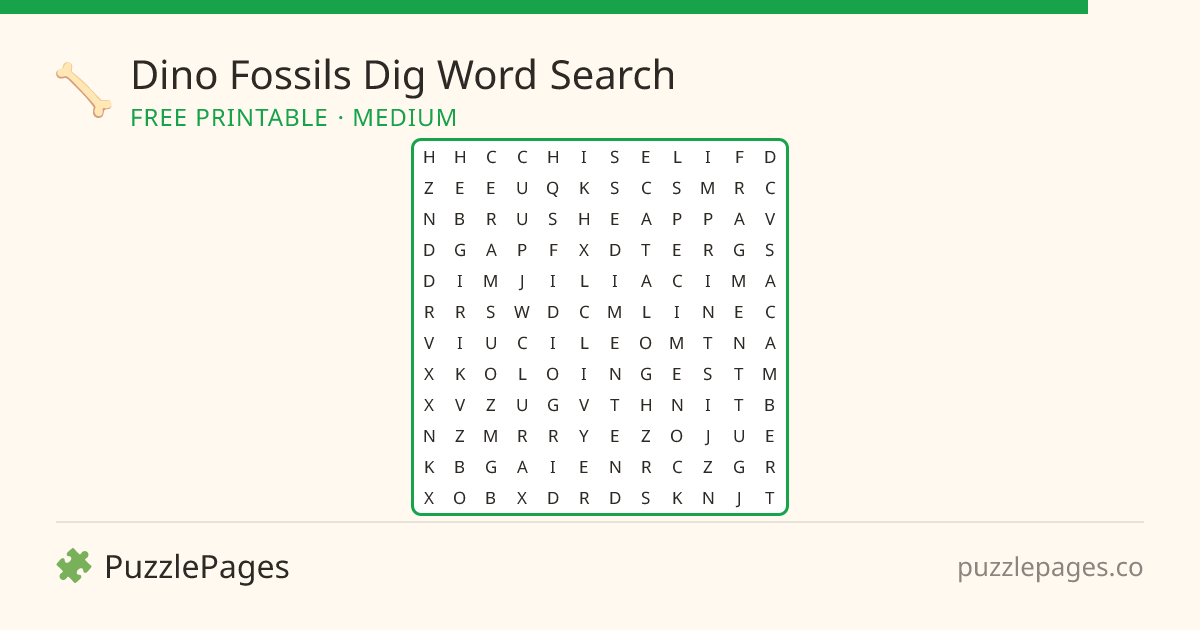 Dino Fossils Dig Medium printable word search preview — free to print from PuzzlePages
