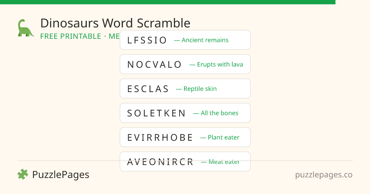 Dinosaurs Medium printable word scramble preview — free to print from PuzzlePages