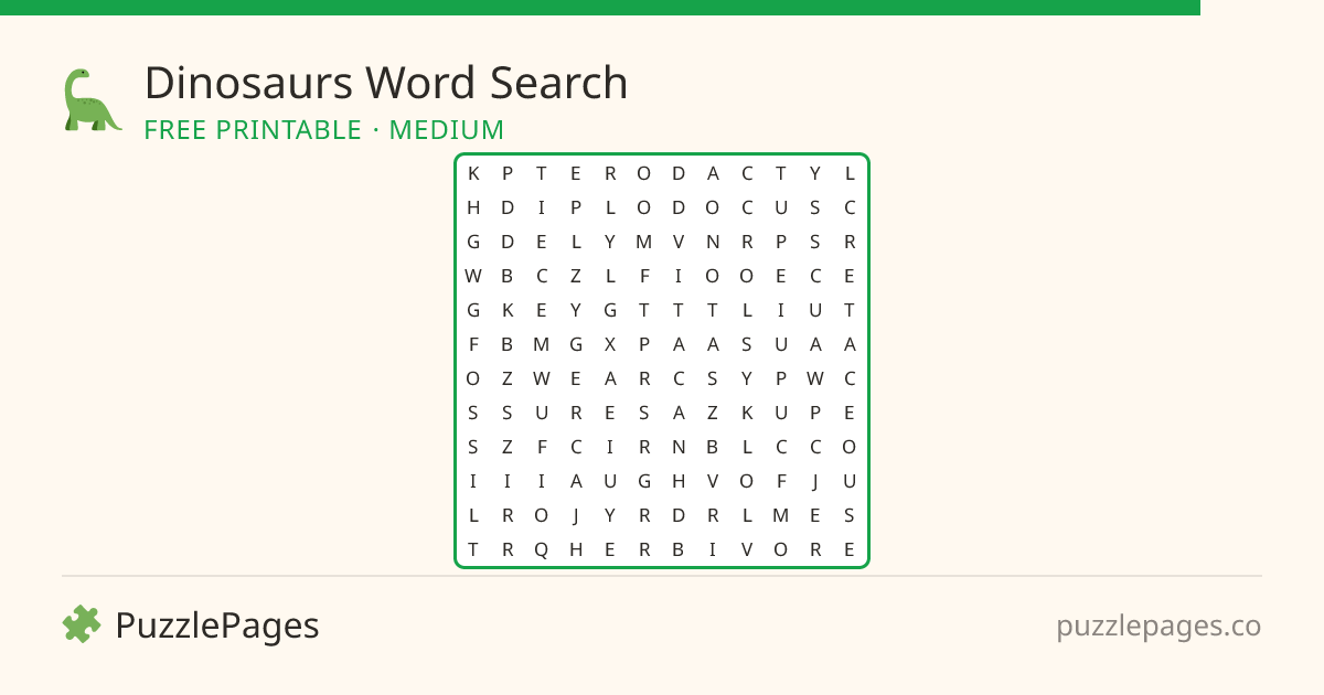 Dinosaurs Medium printable word search preview — free to print from PuzzlePages
