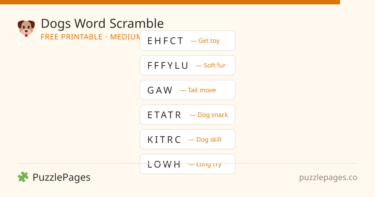 Dogs Medium printable word scramble preview — free to print from PuzzlePages