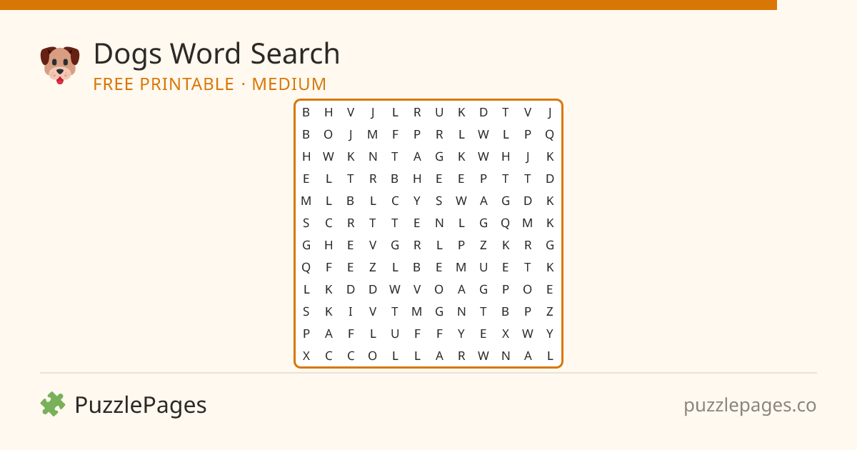 Dogs Medium printable word search preview — free to print from PuzzlePages