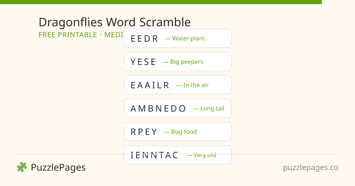 Dragonflies Medium printable word scramble preview — free to print from PuzzlePages