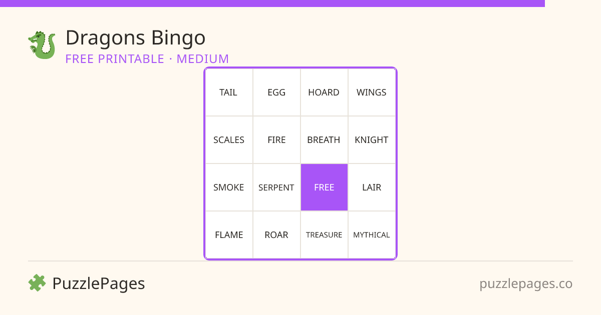 Dragons Medium printable bingo preview — free to print from PuzzlePages