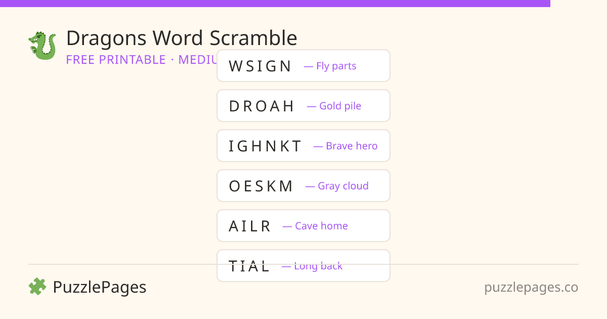 Dragons Medium printable word scramble preview — free to print from PuzzlePages