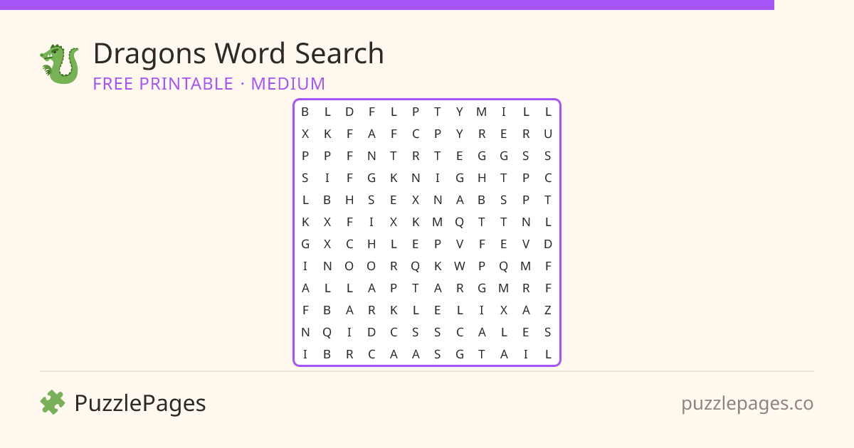 Dragons Medium printable word search preview — free to print from PuzzlePages