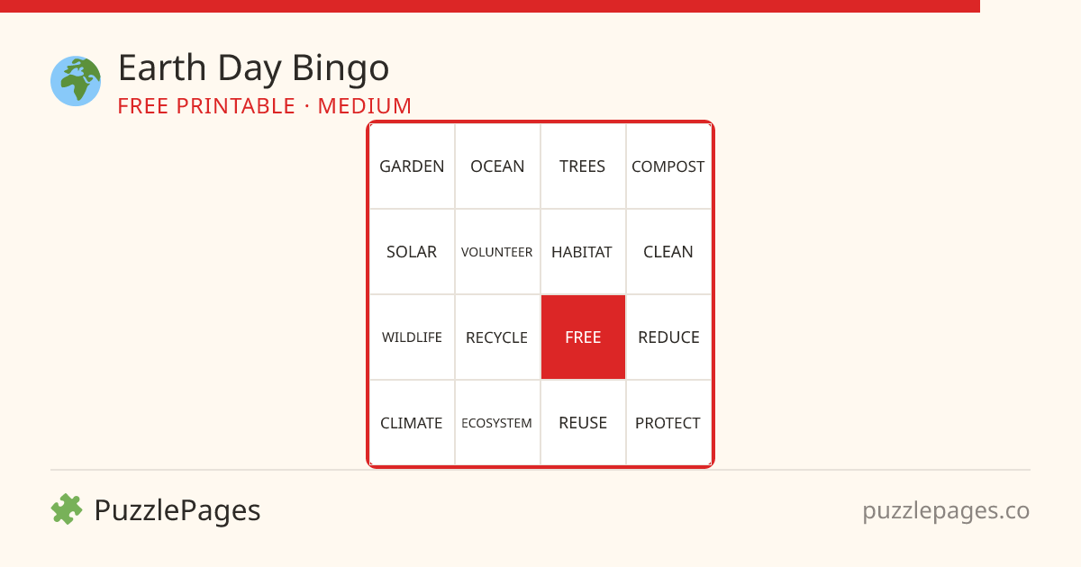 Earth Day Medium printable bingo preview — free to print from PuzzlePages