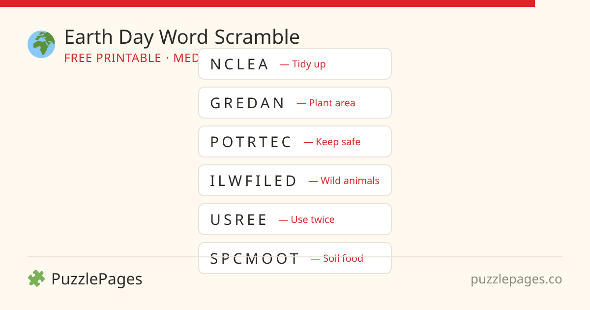 Earth Day Medium printable word scramble preview — free to print from PuzzlePages