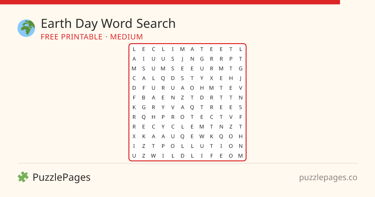Earth Day Medium printable word search preview — free to print from PuzzlePages