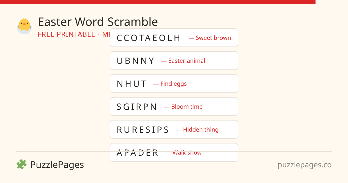 Easter Medium printable word scramble preview — free to print from PuzzlePages