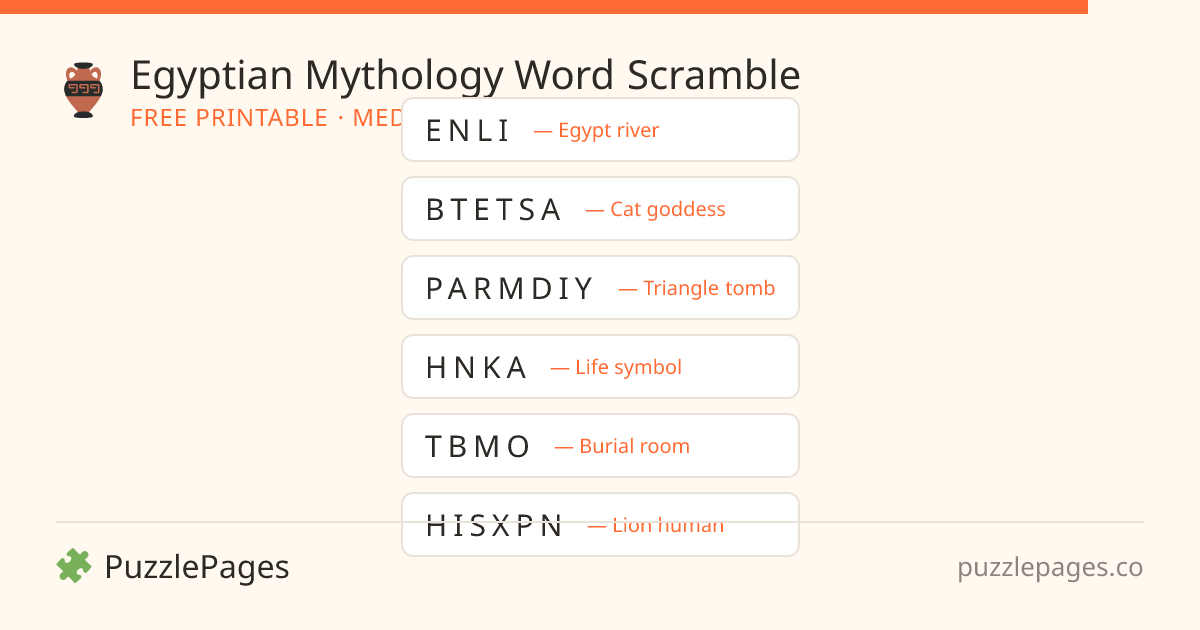 Egyptian Mythology Medium printable word scramble preview — free to print from PuzzlePages