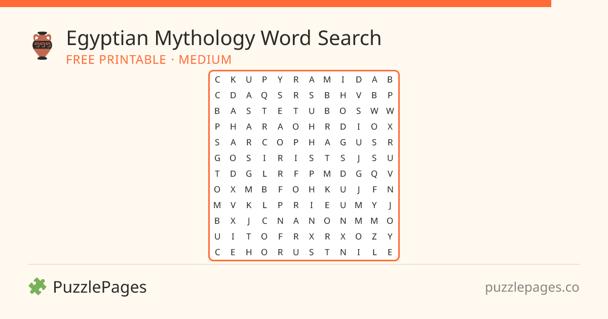 Egyptian Mythology Medium printable word search preview — free to print from PuzzlePages