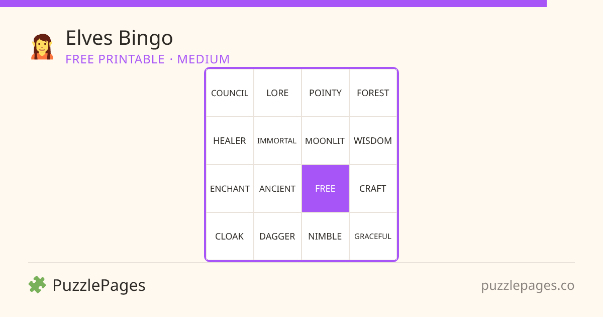 Elves Medium printable bingo preview — free to print from PuzzlePages