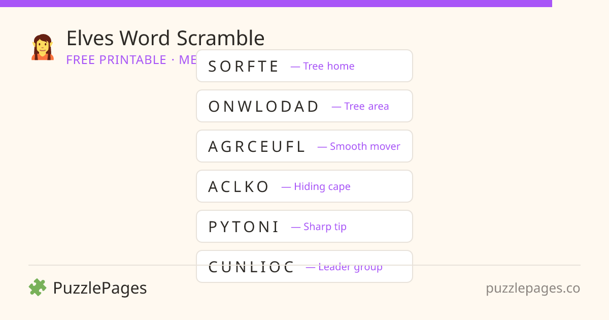 Elves Medium printable word scramble preview — free to print from PuzzlePages