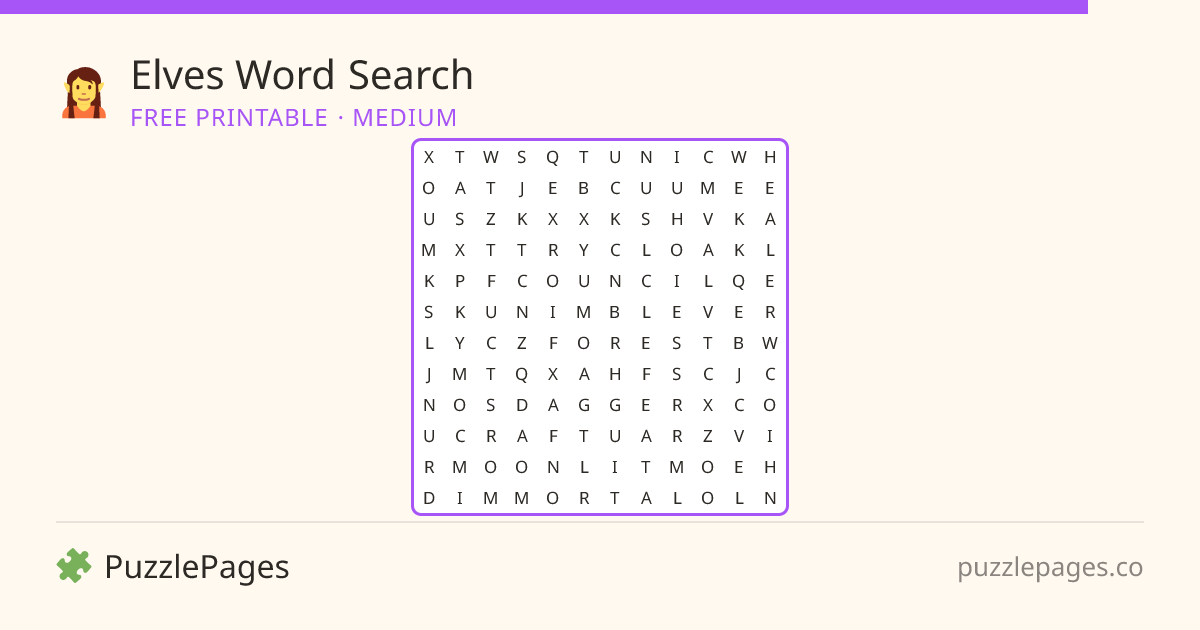 Elves Medium printable word search preview — free to print from PuzzlePages