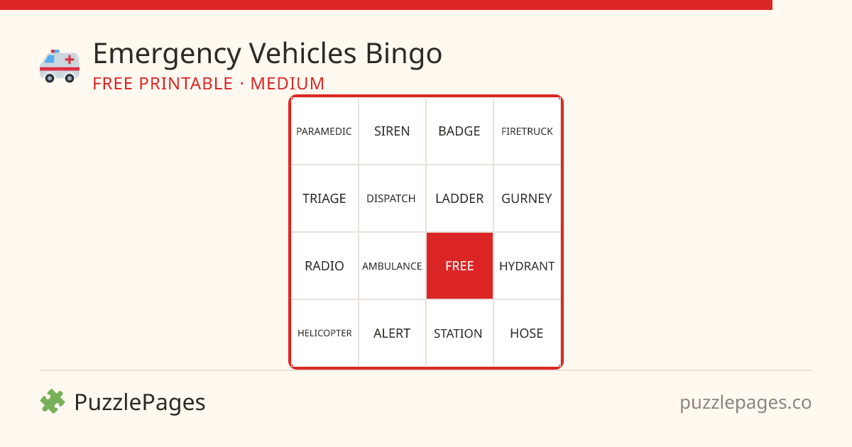Emergency Vehicles Medium printable bingo preview — free to print from PuzzlePages