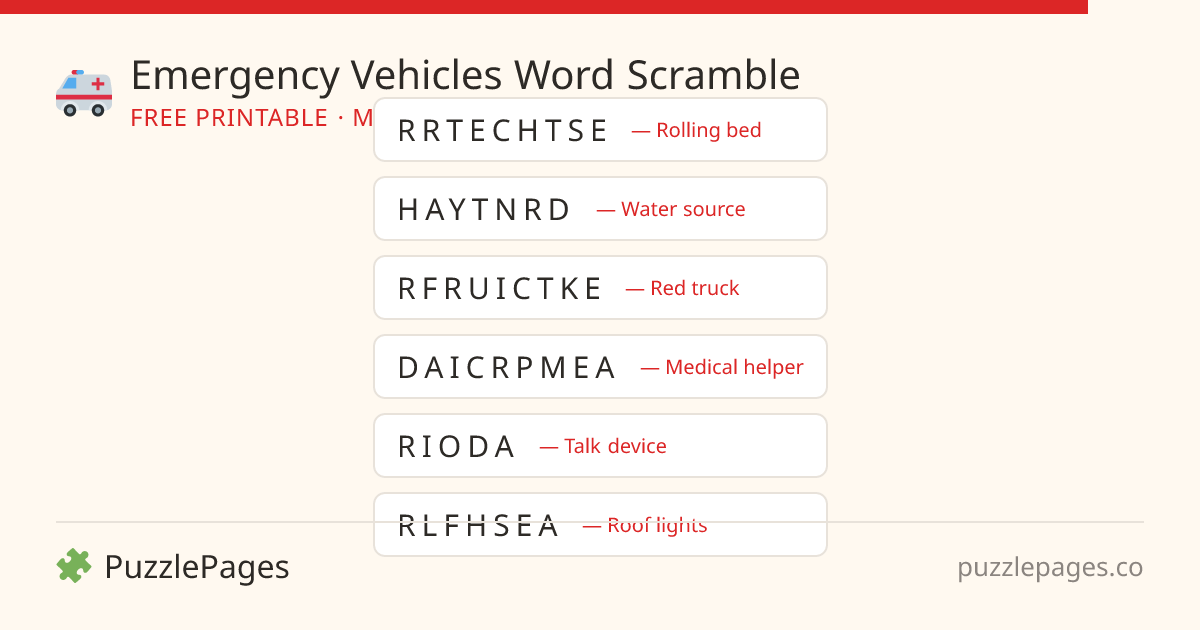 Emergency Vehicles Medium printable word scramble preview — free to print from PuzzlePages