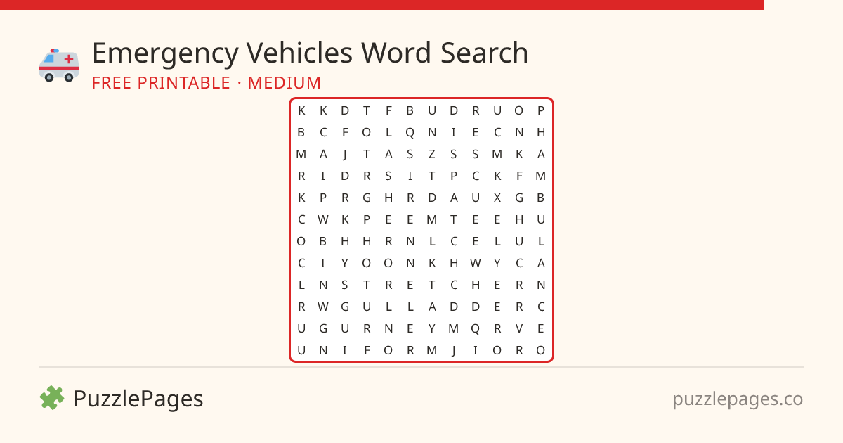Emergency Vehicles Medium printable word search preview — free to print from PuzzlePages