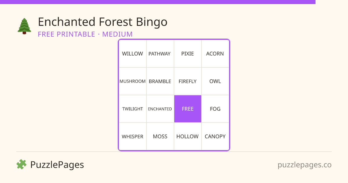 Enchanted Forest Medium printable bingo preview — free to print from PuzzlePages