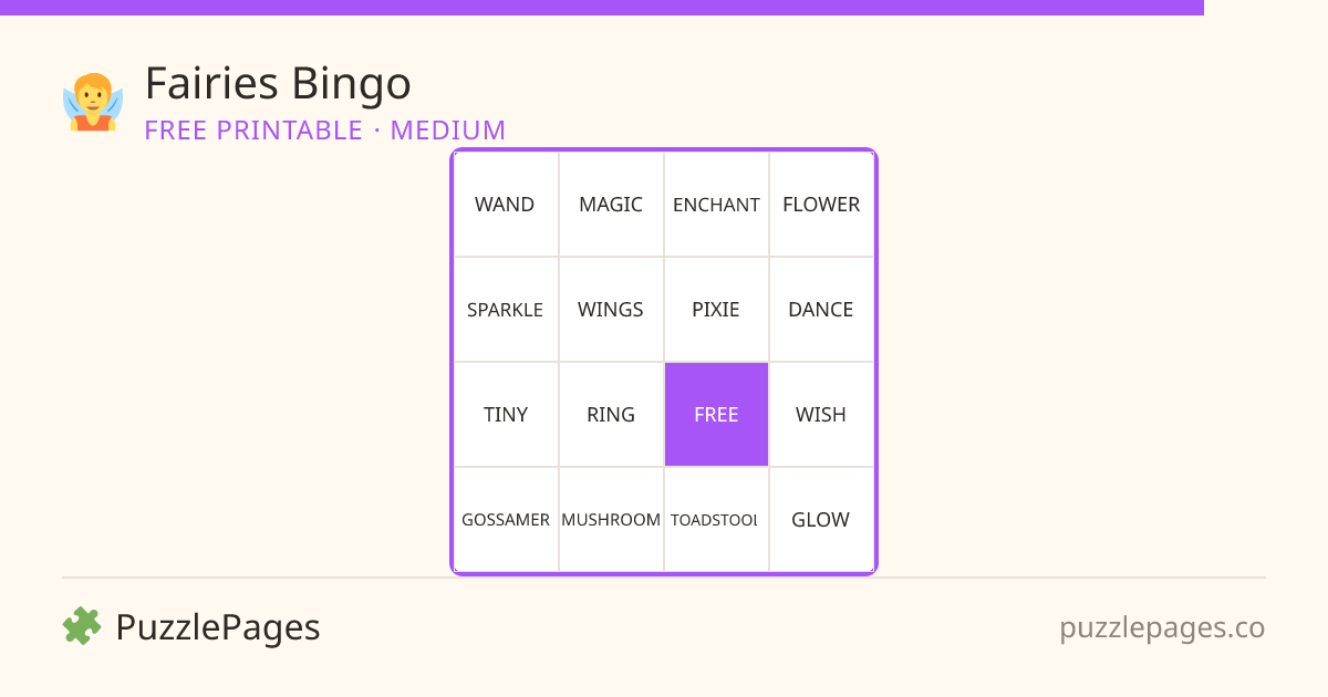 Fairies Medium printable bingo preview — free to print from PuzzlePages