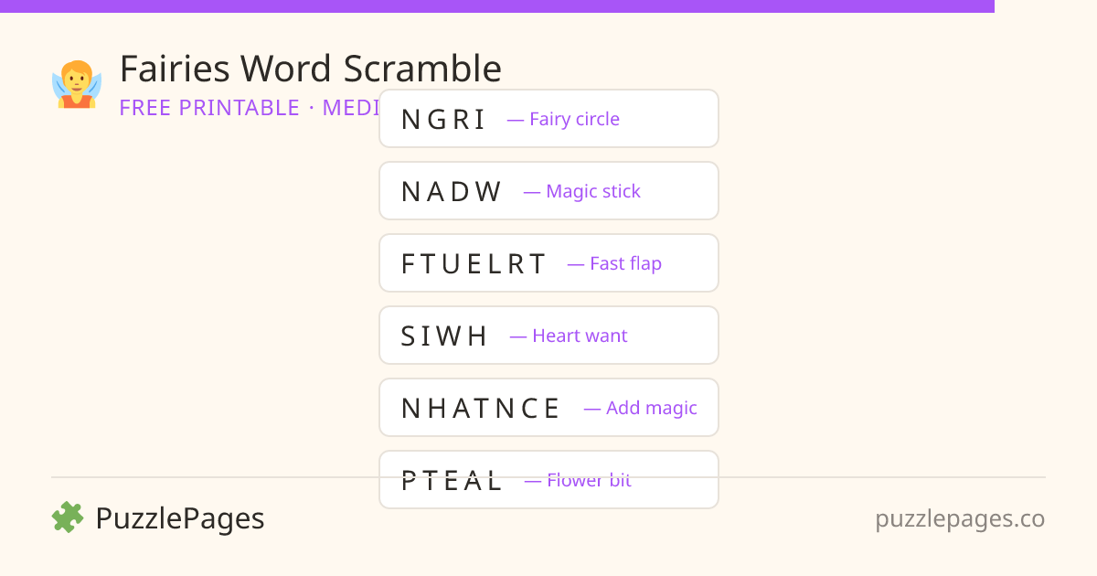 Fairies Medium printable word scramble preview — free to print from PuzzlePages