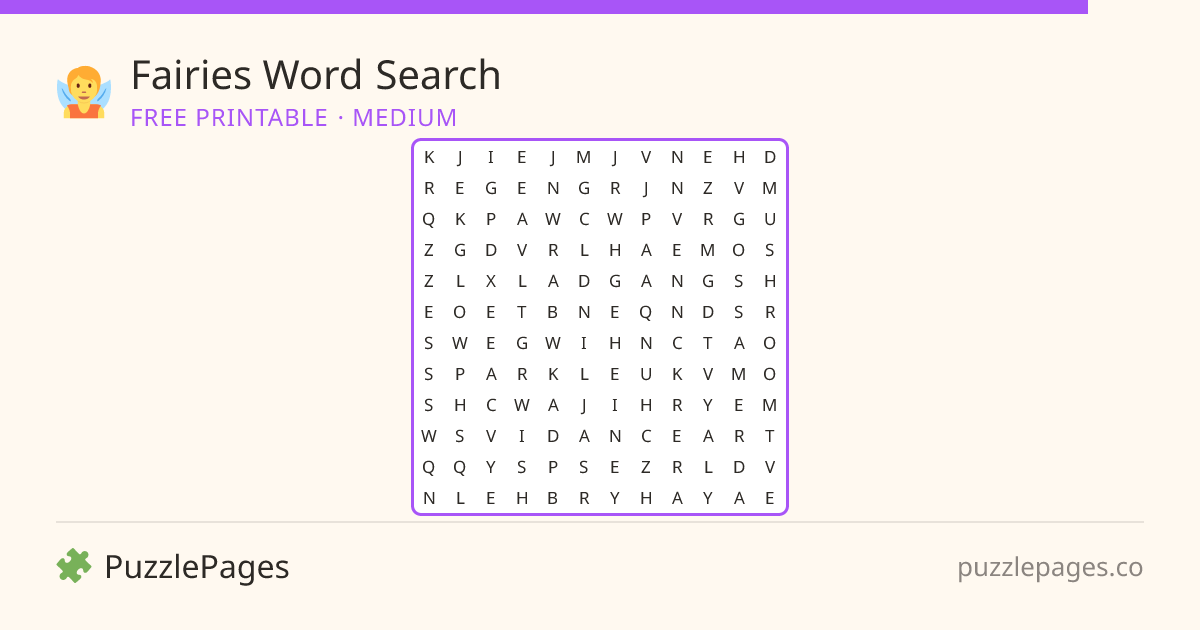 Fairies Medium printable word search preview — free to print from PuzzlePages