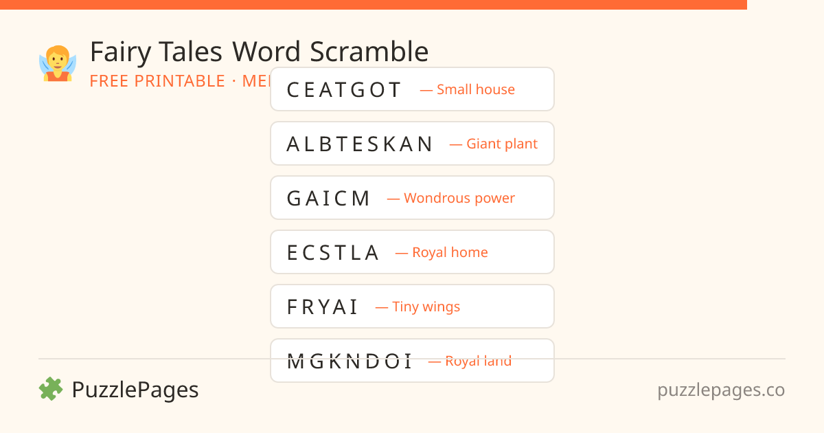 Fairy Tales Medium printable word scramble preview — free to print from PuzzlePages