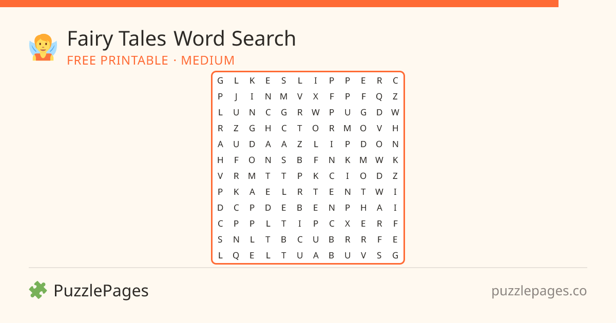 Fairy Tales Medium printable word search preview — free to print from PuzzlePages