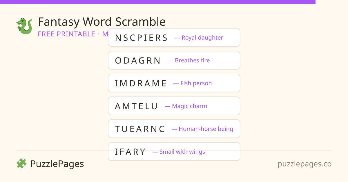 Fantasy Medium printable word scramble preview — free to print from PuzzlePages