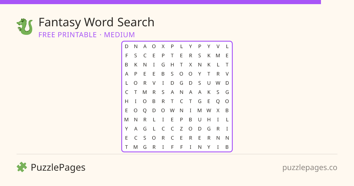 Fantasy Medium printable word search preview — free to print from PuzzlePages
