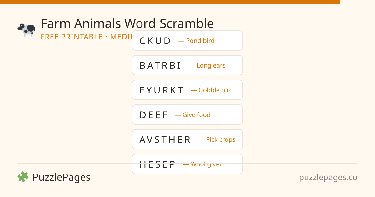 Farm Animals Medium printable word scramble preview — free to print from PuzzlePages