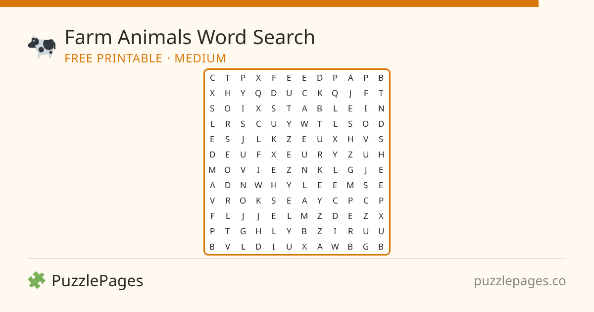 Farm Animals Medium printable word search preview — free to print from PuzzlePages