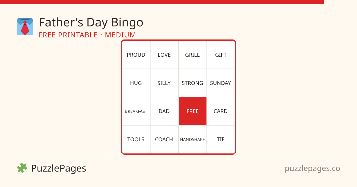 Father's Day Medium printable bingo preview — free to print from PuzzlePages